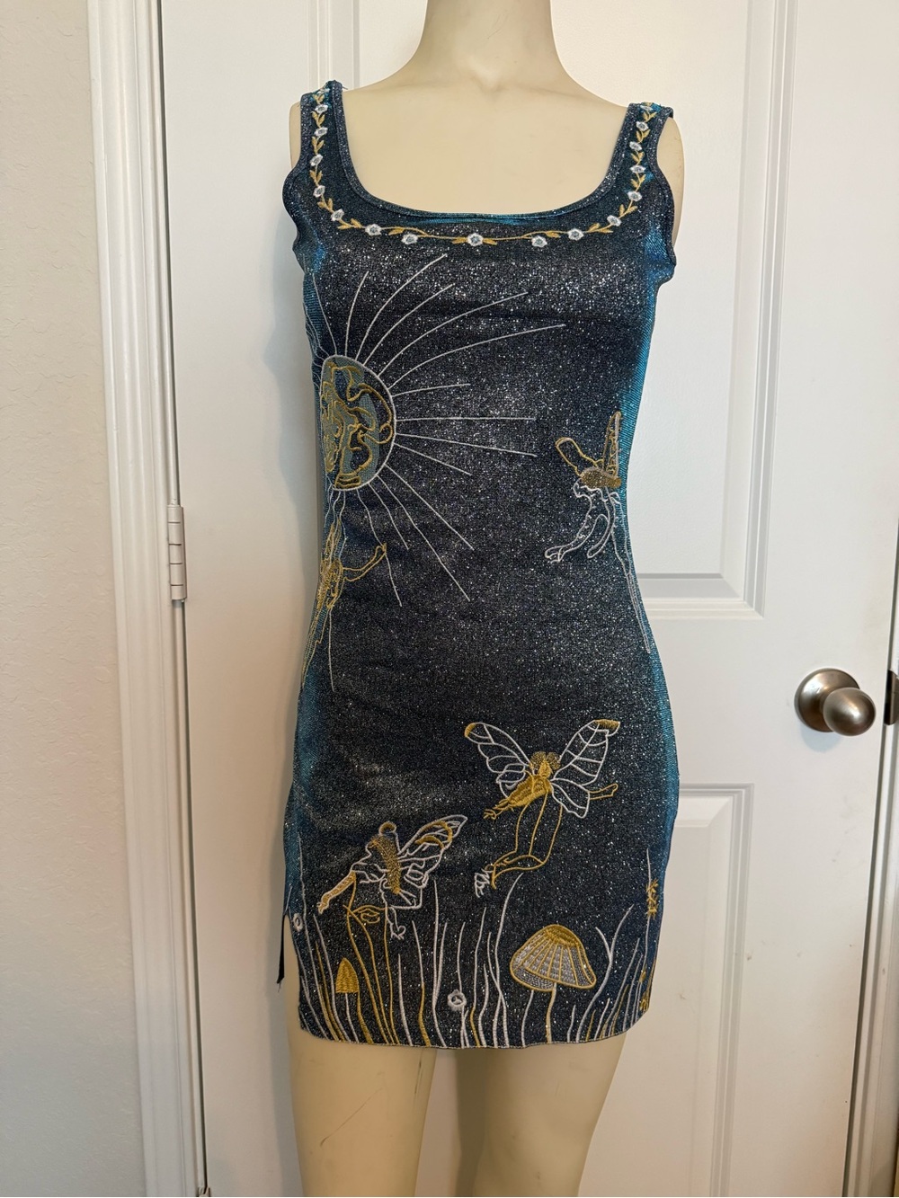 Blue Sparkly Celestial Embroidered Sun Goddess Fairy Dress